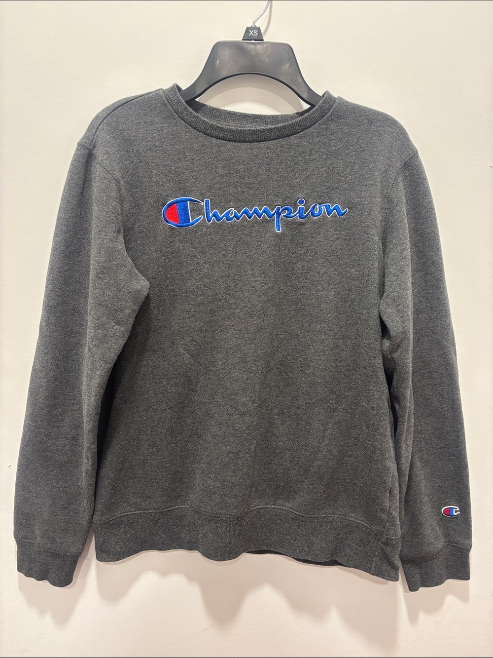 Champion Dark Gray Crewneck Sweatshirt with Blue & Red Logo